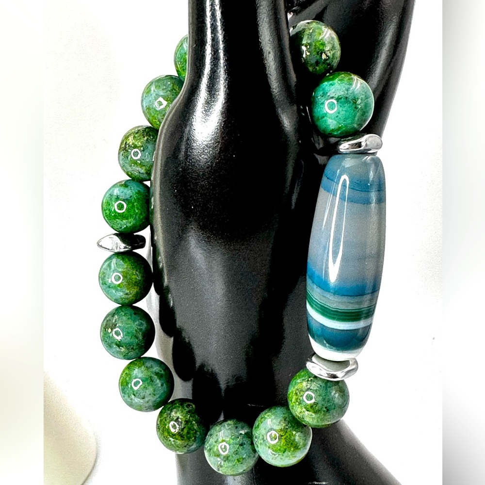 POWERFUL GREEN PYRITE + BOTSWANA NATURAL STONES BRACELET SZ 7.5”